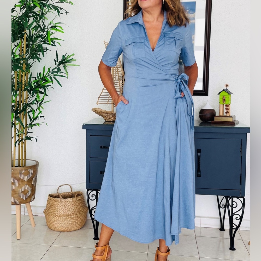 Chic Blue Midi Wrap Dress